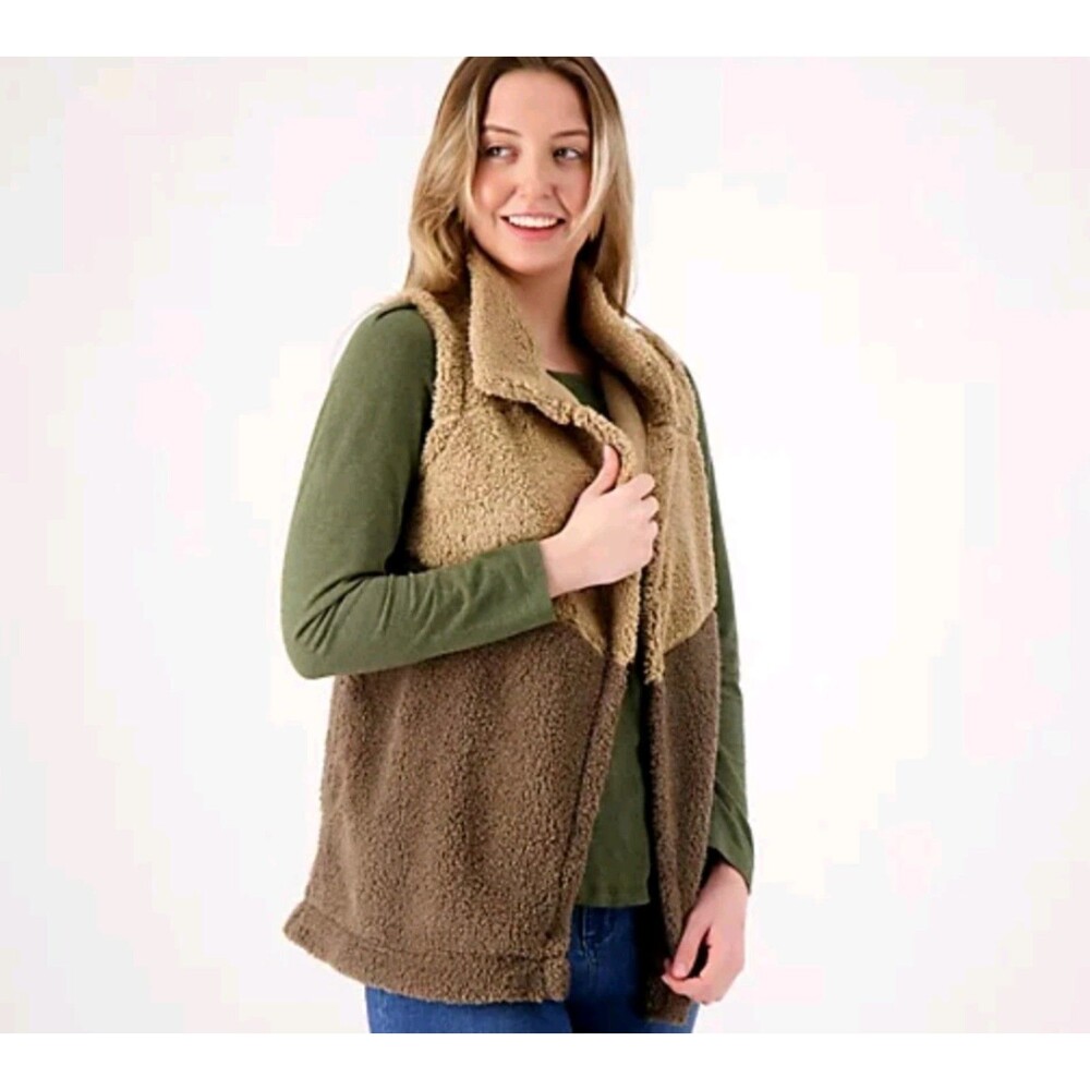 Women's Koolaburra by UGG Brushed Back Sherpa Open Front Vest Tan Brown Small